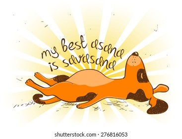 Funny illustration with cartoon red dog doing savasana position of yoga.