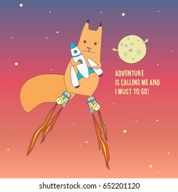 Funny illustration cartoon squirrel in space with a spaceship