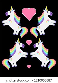 Funny illustration of cartoon unicorn on a blue background. The unicorn has seven colors of the rainbow in the tail and in the heat. On the torso of a unicorn six apples of different colors. Unicorns.