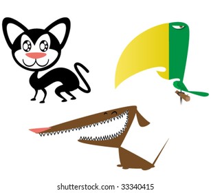 Funny illustration of a cat, a dog and a parrot. Characters can be used together or indivually. EPS vector image included.