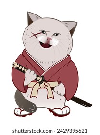 funny  illustration of cat as a samurai, with scar, smirk face, holding katana. can be use for T- shirt design, poster, postcard or any other purpose