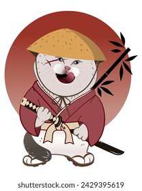 funny  illustration of cat as a samurai, with straw hat, scar, holding katana. red sun and bamboo silhouette as background. it can be use for T- shirt design, poster, postcard or any other purpose