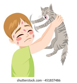 Funny illustration of cat scratching little boy