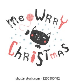 Funny illustration of a cat and words "meowrry christmas". Colorful vector illustration

