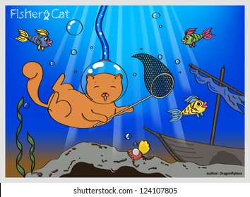 funny illustration of a cat-diver is fishing with a net in the ocean