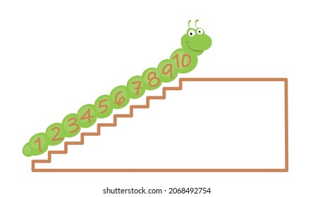 A funny illustration of a caterpillar helps teach children how to count. Cute insect, comic beetle, smiling wildlife character in cartoon style.