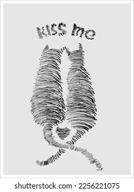 Funny illustration with cats made by liners. Black ink, strokes. Heart. 
Valentine's day. Black, whiteThe text is "kiss me". For the design of dating postcards, invitations, posters.
