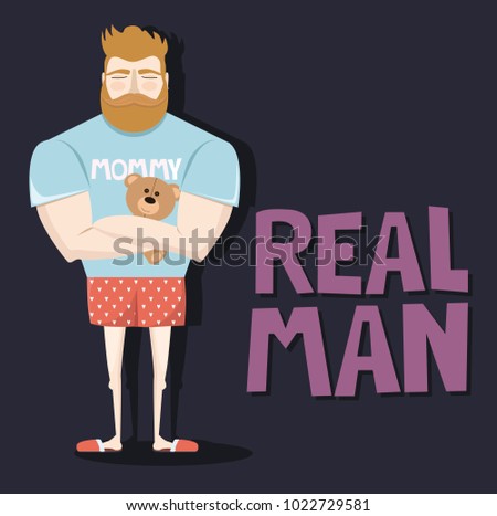 Funny illustration of the character of the bearded man in the guise of a sissy man. Illustration perfect for greeting card. Editable vector illustration