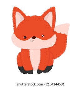 Funny illustration of a cheerful little fox. Vector illustration of a cute animal. Cute little illustration of fox for kids, baby book, fairy tales, covers, baby shower invitation, textile t-shirt.