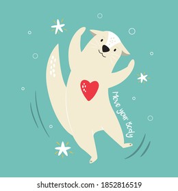 Funny illustration of a cheerful otter and text MOVE YOUR BODY. Hand drawn vector image, animal character design