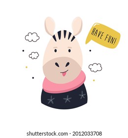 Funny illustration of cheerful zebra in a sweater and text Hello There. Vector design for kids prints