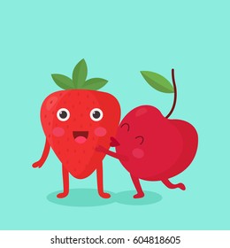 Funny illustration of a cherry kisses a strawberry. Vector illustration in flat style. Comic characters. Use for card, poster, banner, web design.