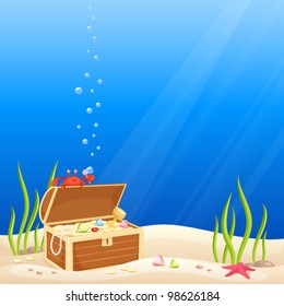 funny illustration for children - cute crab making bubbles on the occasion of discovering a treasure chest with gold and jewels. Bottom of the sea with deep blue water. Cartoon illustration.