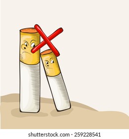 Funny illustration of cigarette with red cross sign for No Smoking Day concept.