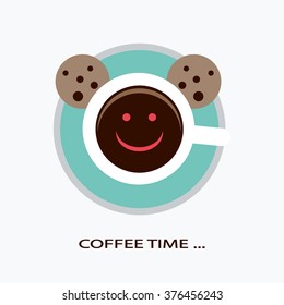 Funny illustration of coffee cup with frothy smile face, oat cookies on saucer in vector. Good mood and happiness concept. Nice card with inscription - Coffee Time