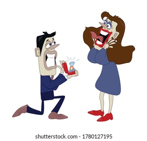Funny illustration of couple in love, man got on one knee proposes to the girl 