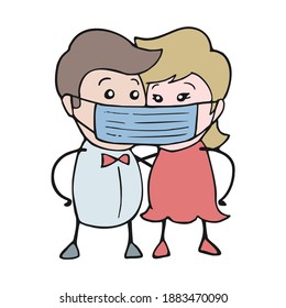 Funny illustration of couple sharing proteciton mask