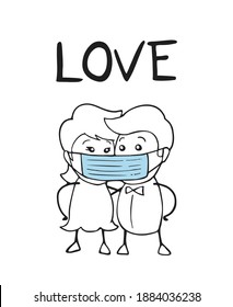 Funny illustration of couple sharing proteciton mask