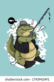 funny illustration of crocodile fishing , it can be use for shirt design or poster 