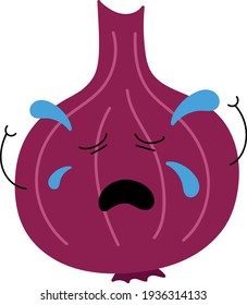 Graciosa ilustración de una cebolla llorando con cara y manos.