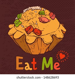 funny illustration of cupcake with fruit pieces and with text eat me