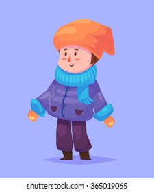 Funny  illustration of cute boy. Vector cartoon character. Isolated on violet backgound.