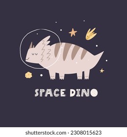 Funny illustration of cute dinosaurs in a outer space. Jurassic characters for kids clothing, frame art, books, nursery decorations