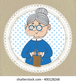 funny illustration. Cute grandmother  with  knitting on napkin