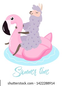 Funny illustration of a cute llama on a flamingo inflatable pool float. Vector template for greeting card, banner, postcard, poster.