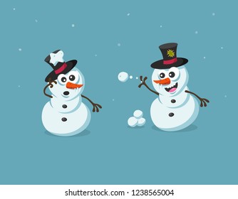 Funny illustration of cute snowman figures with snowballs. Flat design style isolated on light blue background.