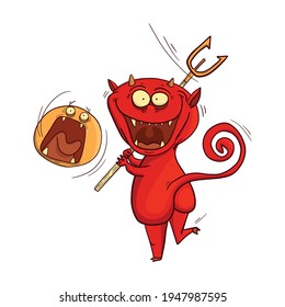 Funny illustration of a devil playing a ball for design or textile print