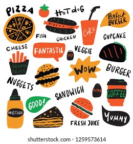 Funny illustration of different fast food elements with hand drawn lettering. Vector, isolated on white background.