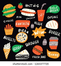 Funny illustration of different fast food elements with hand drawn lettering. Vector, isolated on black background.