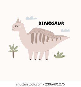 Funny illustration with dinosaur in a simple hand drawn style. Cute design for kids prints, frame arts, decorations.