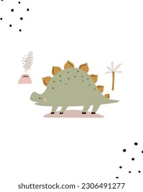 Graciosa ilustración con dinosaurio en un estilo simple dibujado a mano. Diseño de diseño para los niños impresiones, artes de cuadros, decoraciones.
