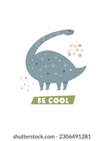 Funny illustration with dinosaur in a simple hand drawn style. Cute design for kids prints, frame arts, decorations.