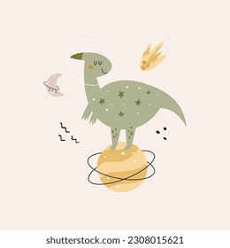 Funny illustration of dinosaur standing on a planet in a outer space. Cute design for kids prints, frame arts, decorations.