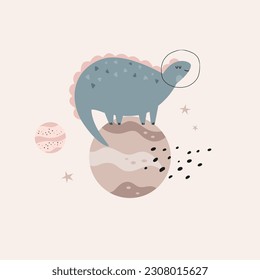 Funny illustration of dinosaur standing on a planet in a outer space. Cute design for kids prints, frame arts, decorations. 