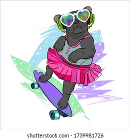 Funny illustration with a dog girl on longboard. Drawn comic illustration. Humanized animals.