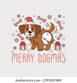 funny illustration of dogs showing ass, cute christmas illustration of dogs showing ass for christmas, cute dog wrapped in christmas lights