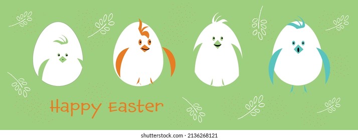Funny illustration for easter celebration with 4 stylized chicks inside eggs in a garden.