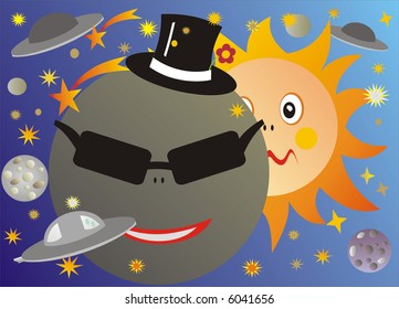 Funny illustration of eclipse, moon hides one part of sad sun
