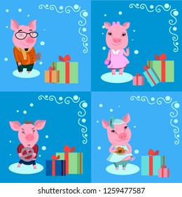 Funny illustration of a family of pigs for Christmas and new year on a blue background, illustration for cards for each family member. vectorEPS10