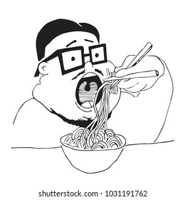 A funny illustration of a fat man eating chow mien with chopsticks.