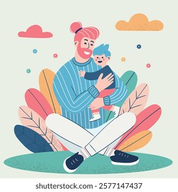 Funny illustration of father hugging his child with happy face. He is sitting in relaxed pose. In the background colorful plants, clouds, Father's Day. Art style, flat and cartoon, vector