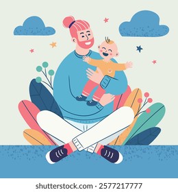 Funny illustration of father hugging his child with happy face. He is sitting in relaxed pose. In the background colorful plants, clouds, Father's Day. Art style, flat and cartoon, vector