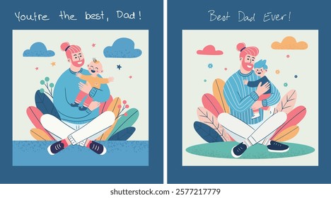 Funny illustration of father hugging his child with happy face. He is sitting in relaxed pose. In the background colorful plants, clouds, Father's Day. Art style, flat and cartoon, vector