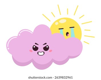Funny illustration featuring a pink cartoon cloud playfully hiding a crying sun, creating a whimsical scene ideal for children's books, animations, or weather forecasts