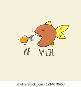 Funny illustration with fish. Ideal for posters, greeting cards, prints for clothes, notebooks, mugs, for stickers, banners, booklets, posts. 