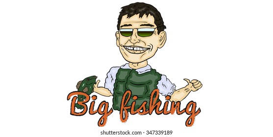 Funny illustration of fisherman cartoon character. Isolated vector illustration.